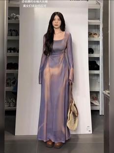 大码法式高级感显瘦紫色胖mm长袖连衣裙女欧美气质，裙子收腰长裙秋