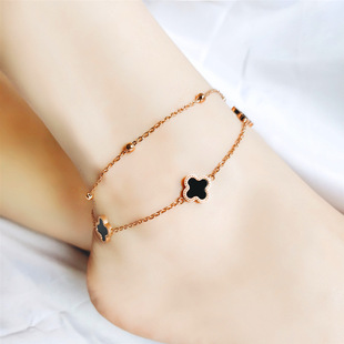 个性韩版双层四叶花脚链，女网红女款性感玫瑰金钛钢(金钛钢)小众设计脚链