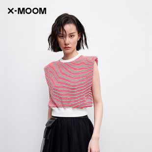商场同款x--moom夏季镂空条纹，冰麻无袖垫肩，针织套头衫女