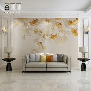 轻奢新中式壁纸客厅沙发电视背景墙纸银杏叶壁布卧室墙布刺绣壁画