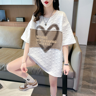 高货华夫格提花短袖t恤女夏季韩版宽松大码女装中长款小众设计感