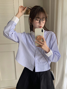 chancustom蓝色条纹衬衫女韩系，设计感小众，短款宽松上衣衬衣小衫