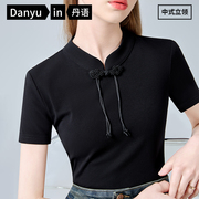 2024夏季黑色新中式立领上衣女国风盘扣设计感流苏短袖T恤女
