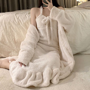 珊瑚绒睡袍女冬季性感，纯欲风加绒加厚冬天法兰绒睡衣裙两件套