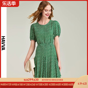 HAVVA2024夏季绿色波点连衣裙女气质短款法式泡泡袖裙子Q2006