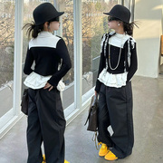 女童爵士服春装2024韩国童装蕾丝设计感潮装宽松街舞运动走秀潮服