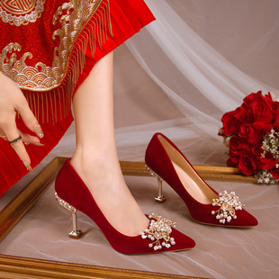 婚鞋新娘鞋红色细高跟鞋，女2024不累脚，中式秀禾婚纱两穿结婚鞋