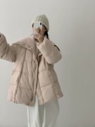 韩版针织大翻领披肩羽绒服女中长款2023冬加厚保暖面包服外套