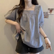 短袖t恤女2024夏季方(夏季方)领格子衬衫，高级感娃娃衫雪纺衫上衣