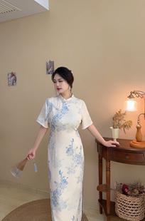 青花瓷自制款大码胖mm清新优雅改良版旗袍，连衣裙显瘦气质