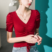 V领泡泡袖T恤女短袖抽绳设计感洋气减龄夏季半袖上衣小衫假领