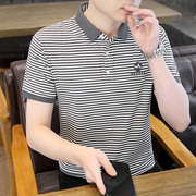 夏季短袖t恤男士青年条纹翻领polo衫半袖个性休闲有带领体恤上衣