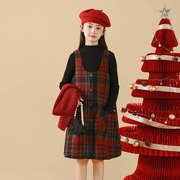 儿童套裙新年英伦风女孩中大童女童黑色线衫红色格子背心裙两件套