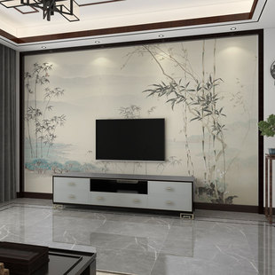 墙纸3d新中式手绘竹林电视，背景墙壁布客厅，壁画影视墙壁纸沙发墙布