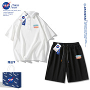 NASA联名潮牌POLO衫短裤套装男2023夏装半袖宽松运动五分裤