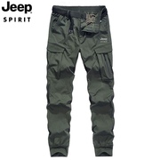 jeep吉普夏季工装裤男裤透气多口袋，运动裤复古个性松紧带束脚长裤