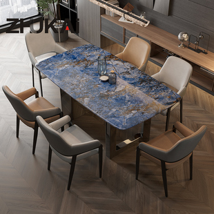 现代简约大理石面彩晶石面餐桌长方形镜面不锈钢脚家用餐桌椅