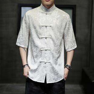 中国风冰丝短袖衬衫男士中式唐装衬衣禅茶复古风汉服盘扣立领上衣