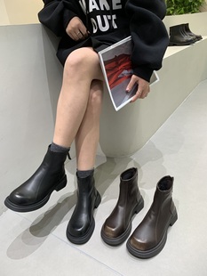 韩版短靴女马靴机车靴2023复古擦色靴方跟大头靴皮靴子时尚靴