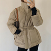 韩国chic冬季百搭高领菱形，格加棉保暖大口袋系带收腰棉服短外套女