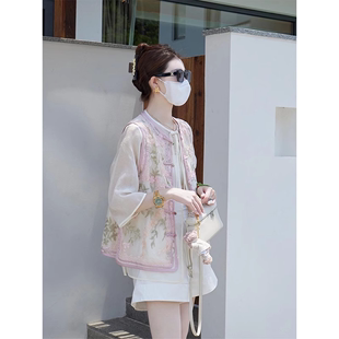 新中式国风女装2024唐装，中国风短裤，刺绣上衣粉色马甲套装夏装