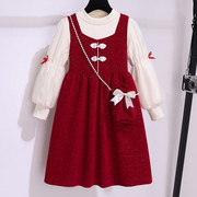 女童新年连衣裙套装秋冬儿童冬装红色公主裙女孩背心裙两件套
