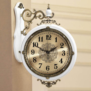 欧式双面客厅挂钟静音两面时钟实木复古石英钟表墙W壁钟表时尚创