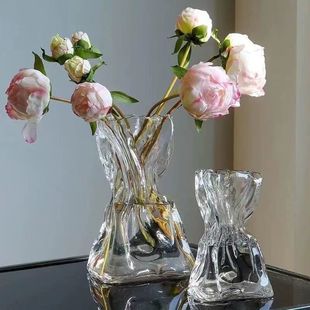 玻璃花瓶高级感不规则，ins风透明民宿，客厅桌面插花水养装饰摆件