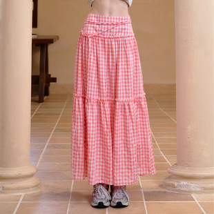 NECY 粉色格纹蓬蓬长裙 宽松显瘦设计感格子撞色中长款高腰半身裙