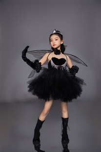 儿童舞蹈摄影仙女礼服蓬蓬裙，演出服爱豆短款黑色精灵翅膀走秀潮服