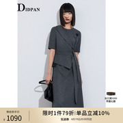IDPAN品牌女装通勤时尚假两件设计感收腰系带圆领中长袖连衣裙女