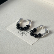 黑色小球个性复古黑玛瑙耳钉，前后串珠耳环，925银针气质耳饰高级感