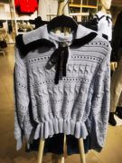新年系列HM购女团风针织衫甜美蓝色镂空系带翻领毛衣1212576