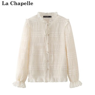 拉夏贝尔lachapelle女春装立领打底衫蕾丝，复古压褶雪纺衬衣