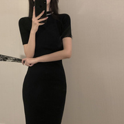 黑色连衣裙高级感春秋短袖外穿针织复古赫本小黑裙修身显瘦中长裙