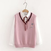 春季日系学院风针织马甲，宽松衬衫两件套长袖，衬衣v领刺绣毛衣