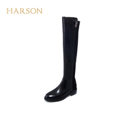 HA225802哈森2023冬季真皮低跟过膝弹力长靴平底粗跟女靴