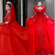 2024新娘红色重工公主，端庄优雅气质豪华长，拖尾蓬蓬裙主婚纱