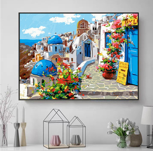 希腊圣托里尼欧式城堡地中海风景，diy数字油画，手工填色丙烯油彩画