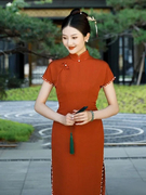 红色旗袍2023年改良新娘订婚出嫁中式连衣裙复古高级感敬酒服