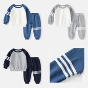 儿童休闲套装男童拼袖杠条运动两件套秋季卫衣宝宝圆领上衣长裤