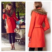 秋冬款小众设计橘红，色系羊毛混纺大毛领，修身长袖毛呢外套大衣