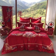 中式婚庆大红色全棉刺绣花床上用品鸳鸯喜被结婚四件套纯棉多件套