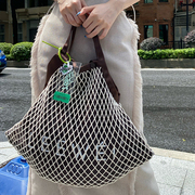 LEEWEI 24小众设计棕色拼接撞色logo印花网兜单肩手提包M星店