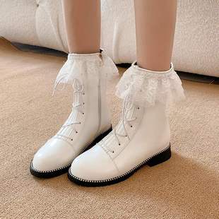 女短筒靴秋冬圆头坡跟高跟蕾丝前系带中筒靴甜美公主女短靴子
