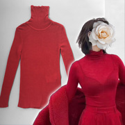 欧美女士正红色薄款高领贴身套头羊绒羊毛大弹力软糯针织衫打底衣