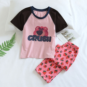 儿童夏针织(夏针织)纯棉薄，款小熊和草莓，短袖长裤女童全棉睡衣家居服亲子装