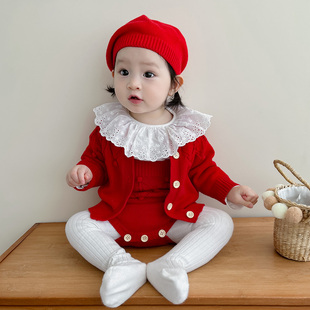 韩版婴儿衣服秋装女宝宝，百天周岁礼服，秋冬纯棉毛衣连体衣外套套装