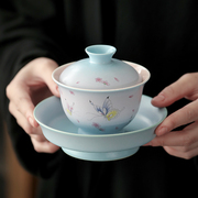 蝶恋花大号三才盖碗陶瓷手绘功夫茶具单个家用敬茶杯泡茶碗手抓壶