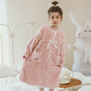 女童秋冬季法兰绒睡袍儿童珊瑚绒小女孩公主浴袍宝宝加厚睡衣套装